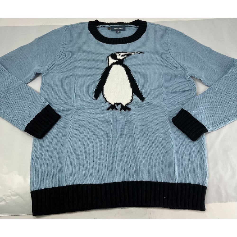 Modcloth Penguin Light Blue Navy Trim Cotton Sweater Crew Neck Pullover Med(C70)